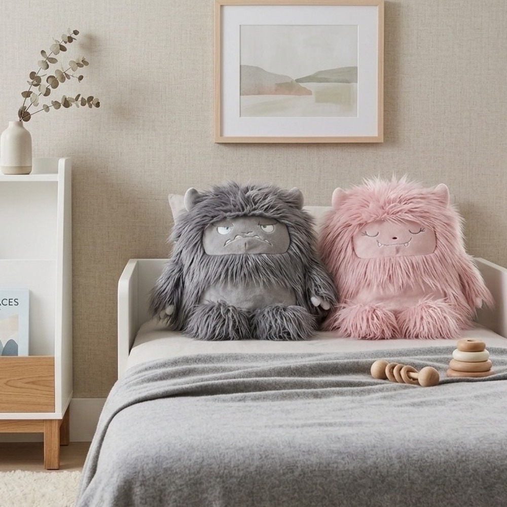 Animal Adventure Monster Plush Pair 23" Fluffy Yeti Bigfoot Pillow Grey Pink Set